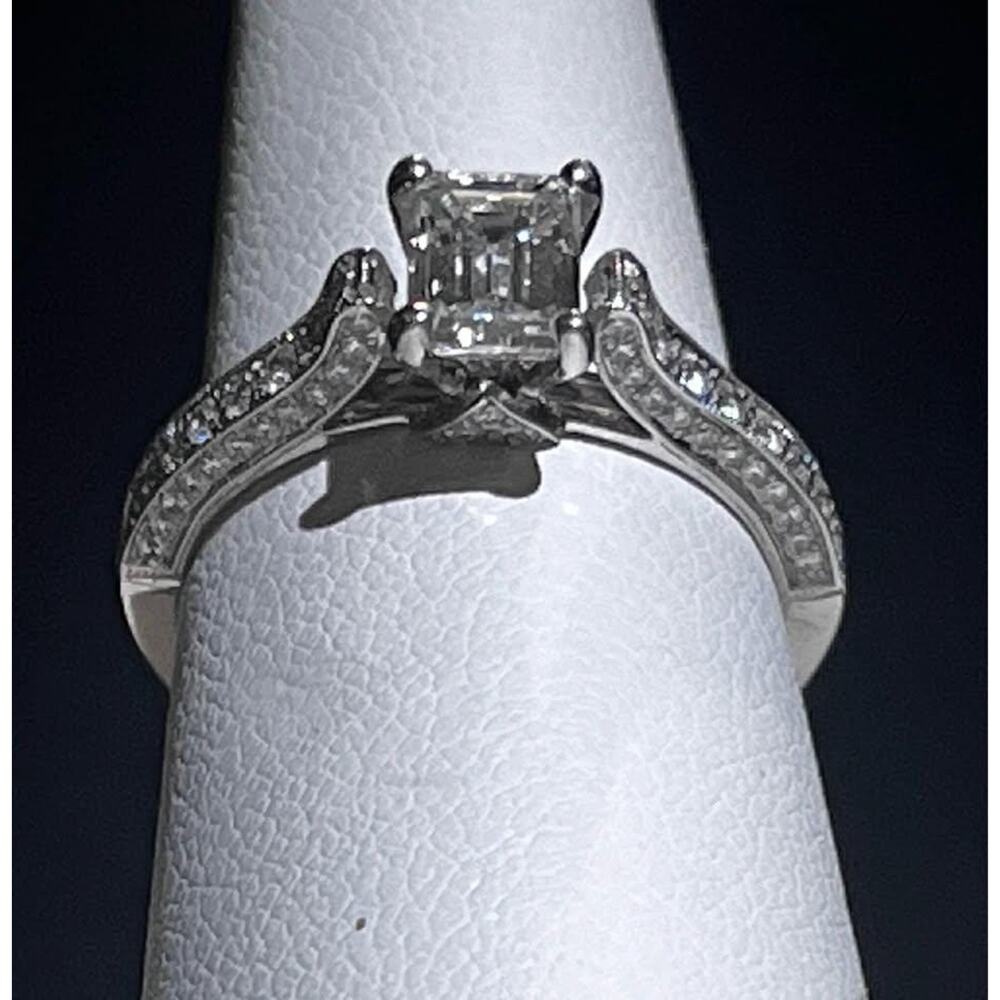 1.85 CTW Emerald Cut Hybrid Diamond Engagement Ring 18K White Gold Pave VVS2 F - Picture 4 of 6